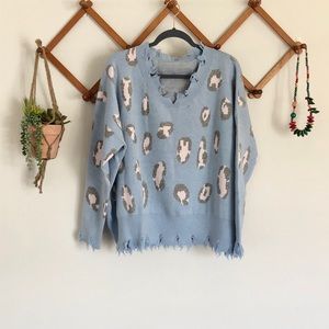 Oversized Distressed Leopard Print V-neck Sweater
